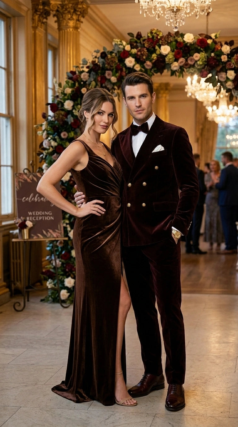 Men’s Dark Brown Velvet Blazer and Pants 2 Piece Suit, Double Breasted Formal Dinner Suit for Weddings, Prom