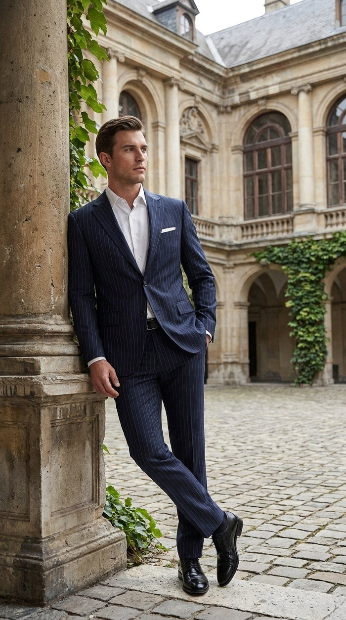 Men’s Patrick Bateman Inspired Navy Pinstripe Suit – American Psycho 1980s Business Style 2 Piece Suit