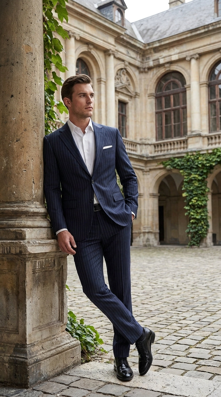 Men’s Patrick Bateman Inspired Navy Pinstripe Suit – American Psycho 1980s Business Style 2 Piece Suit