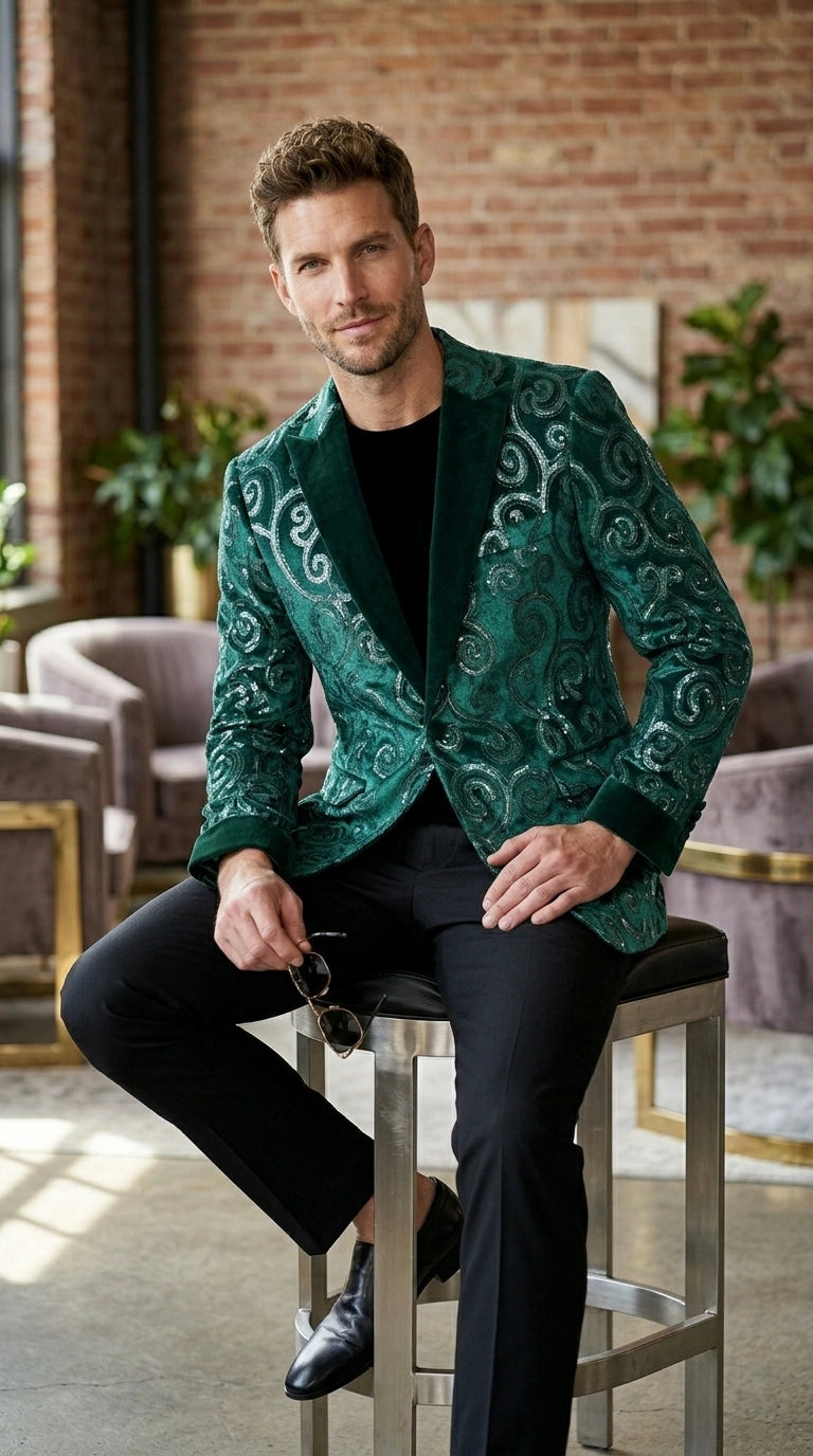 Men’s Emerald Green Paisley Tuxedo Dinner Jacket with Black Lapel, Formal Prom Wedding Party Blazer