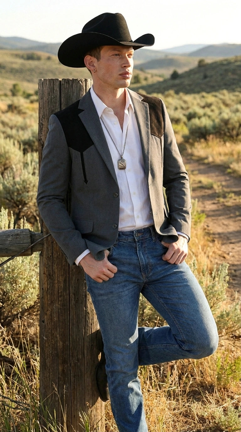 Men’s Dark Charcoal Western Blazer with Black Suede Yokes, Cowboy Sport Coat for Ranch Wedding and Country Events By Platini