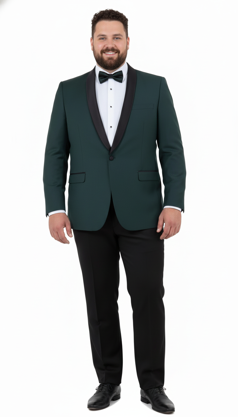 Green tuxedo suit: tailored fit, single-button closure, peak lapels. Black satin accents. Includes matching pants, white shirt, and black bow tie for a formal look.
