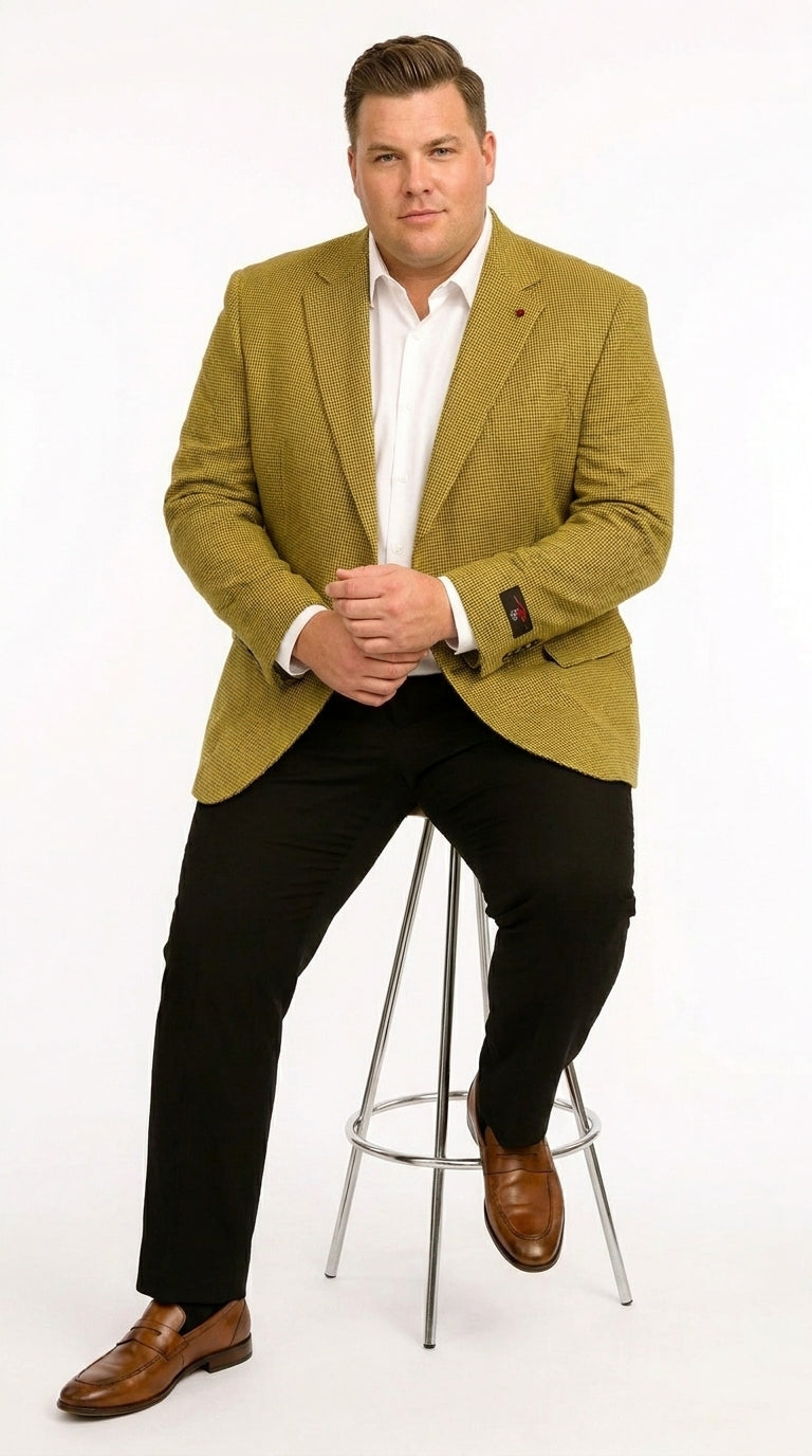 Men’s Mustard Gold Yellow Houndstooth Blazer Jacket, Check Pattern Formal Sport Coat for Weddings, Prom, Business 2 Buttons Modern Fit