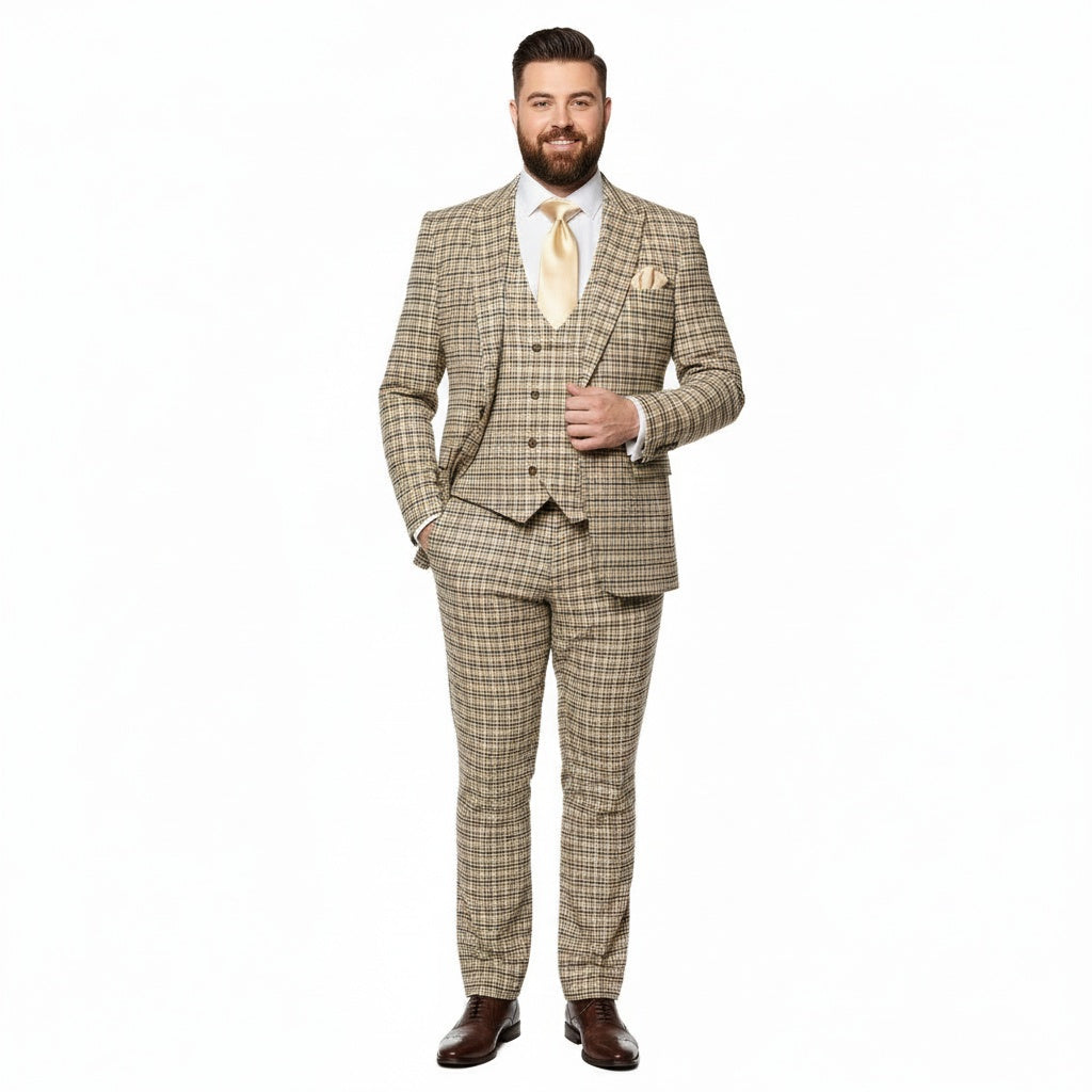 Men’s Beige and Navy Check 3-Piece Suit Set – Premium Tailored Fit Formal Wedding and Business Suit By Rossiman