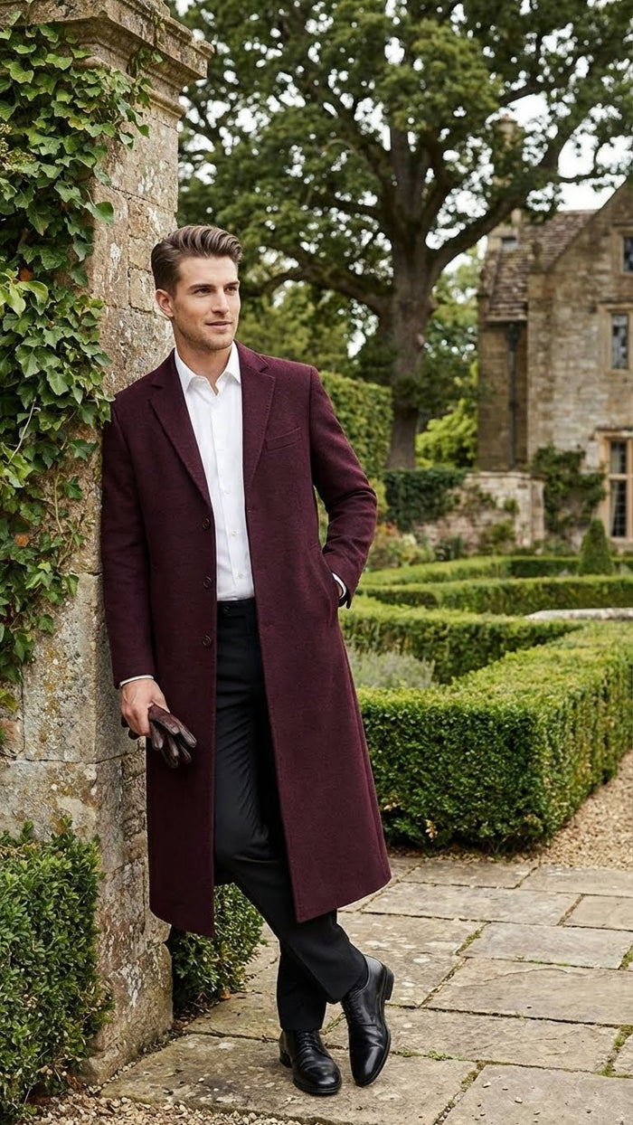 Men's burgundy long coat. Classic fit, wool blend. Straight silhouette, single-breasted, notched lapels.
