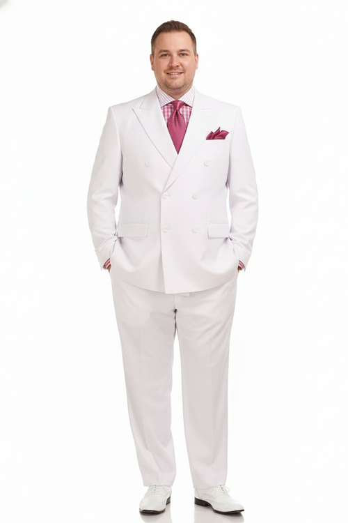 Men's white double-breasted 3-piece suit. Tailored jacket with wide lapels and button rows, paired with flat-front trousers. Lightweight fabric. Includes contrasting pocket square.