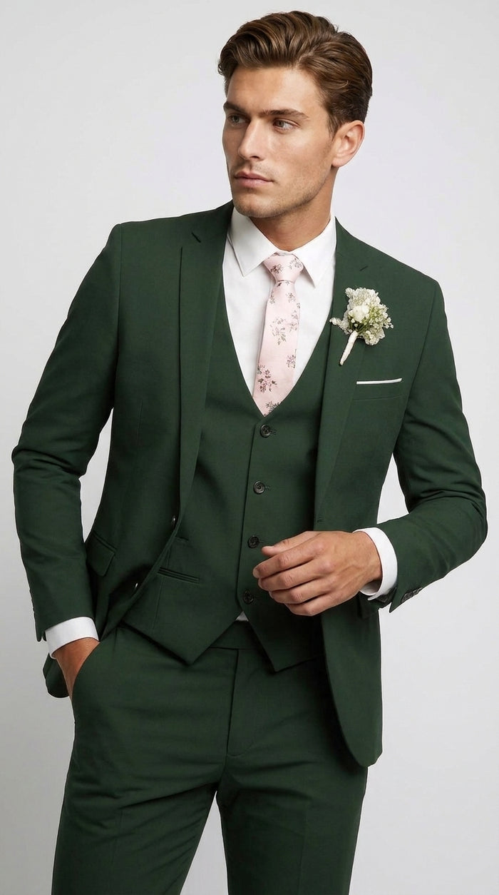Men’s Forest Green 3 Piece Wedding Suit, Formal Groom Groomsmen Dress Suit Set