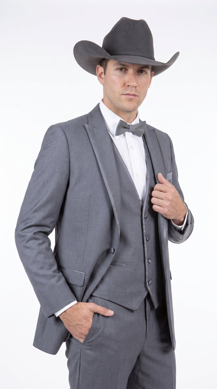 Men's Medium Grey Western 3-Piece Tuxedo Suit with Vest – Cowboy Style Formal Country Outfit