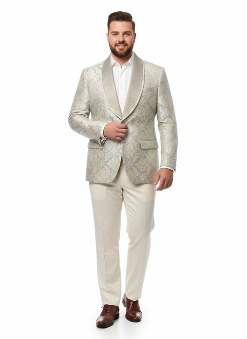 Men's light tan luxury blazer. Floral champagne silver & cream embroidery. Structured fit, satin shawl collar. Elegant and refined.
