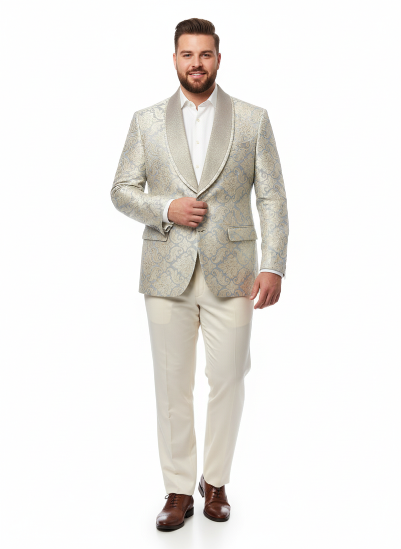 Men's light tan luxury blazer. Floral champagne silver & cream embroidery. Structured fit, satin shawl collar. Elegant and refined.
