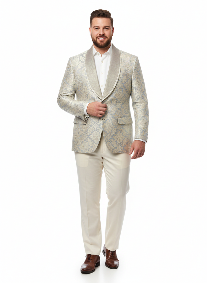 Men's light tan luxury blazer. Floral champagne silver & cream embroidery. Structured fit, satin shawl collar. Elegant and refined.
