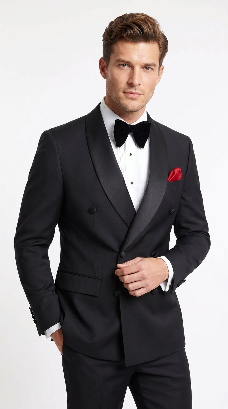 Men’s Black Double Breasted Evening Wear Suit with Satin Shawl Lapel and Red Pocket Square