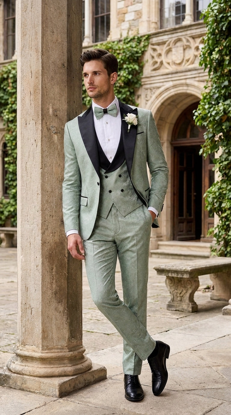 Men’s Sage Green Wedding Tuxedo with Black Shawl Lapel – 3 Piece Groom Prom Suit Mintish Color
