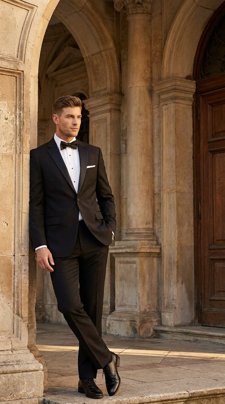 Men’s Black Uniform Tuxedo – One-Button Satin Lapel Formal Suit for Weddings, Prom and Events