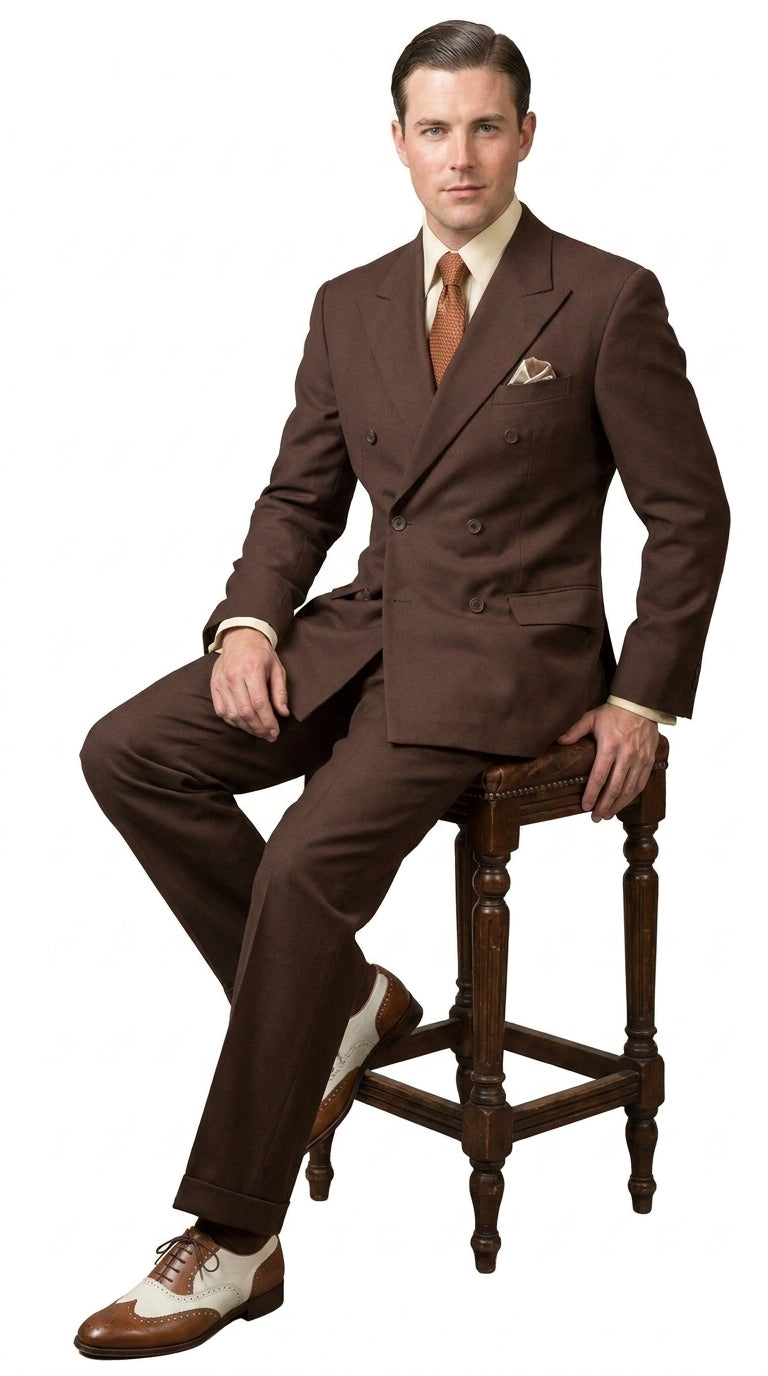 Men’s Brown Vintage Double Breasted Suit, Classic 1940s Style Formal Wedding Business Suit Set