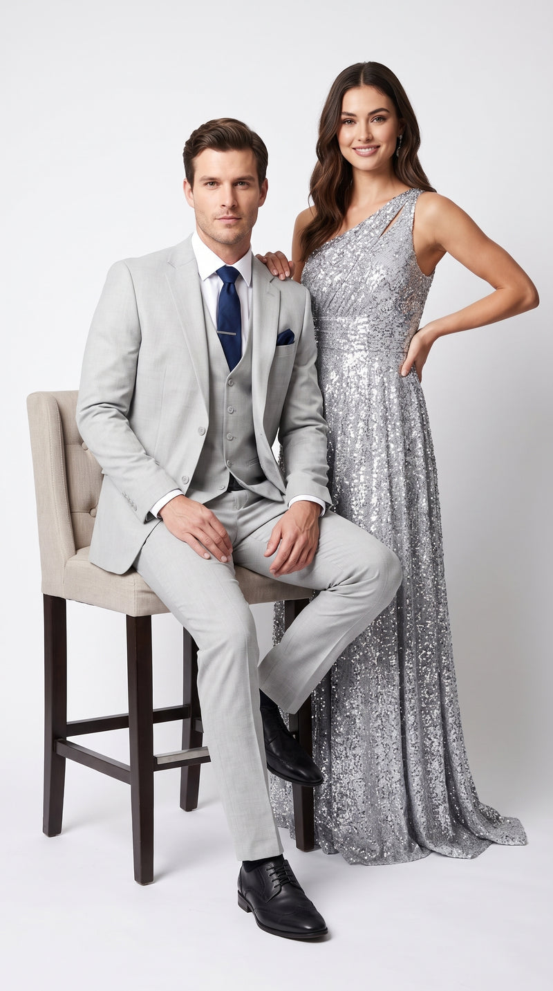 Men’s Silver & Navy Blue 3-Piece Suit – Wedding, Business and Formal Suit with Free Matching Tie