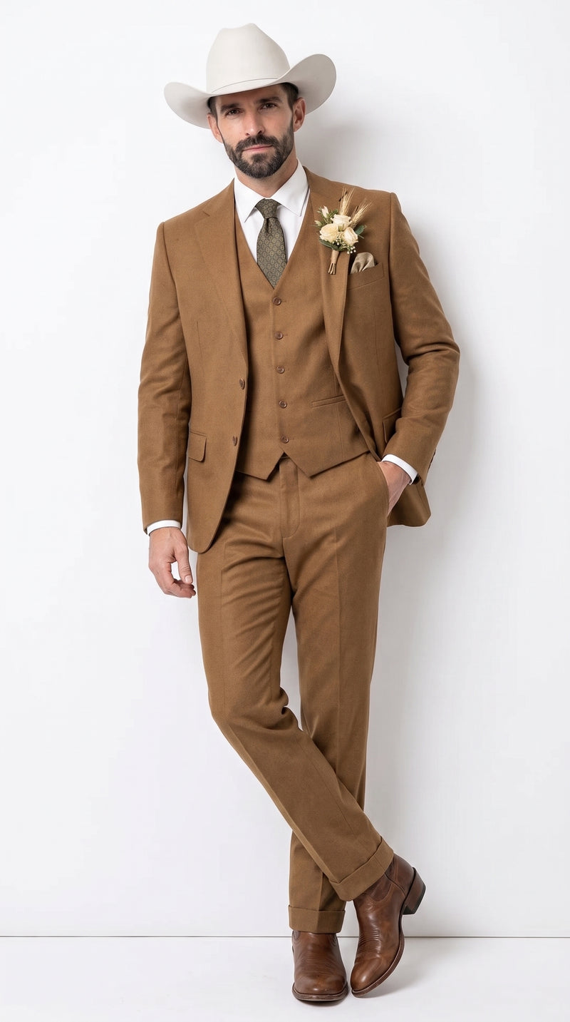 Men’s Tan Groom Outfit Country Wedding 3 Piece Suit Khaki Camel Color Modern Fit