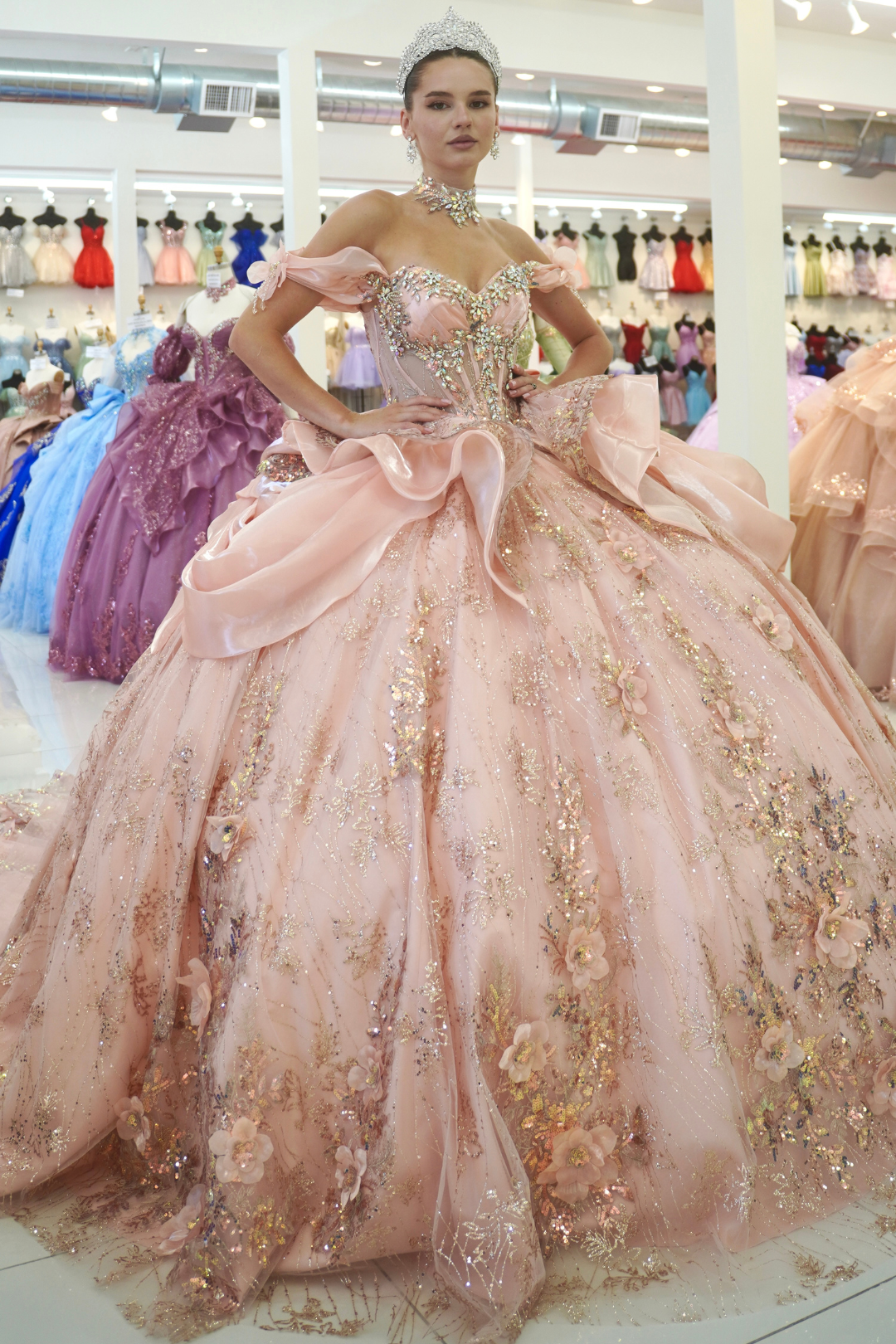 Off-Shoulder Sweetheart Beaded Corset Glitter Ball Gown Quinceañera Dress by Layla K LK313