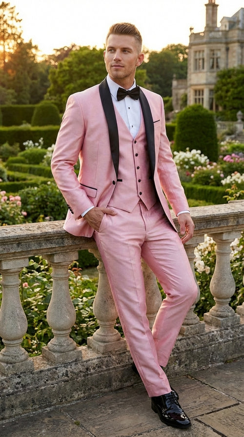 Men’s Blush Pink Shiny 3 Piece Suit with Black Shawl Lapel | Light Pink Prom Suit Sharkskin Fabric - Ultra Slim Fit