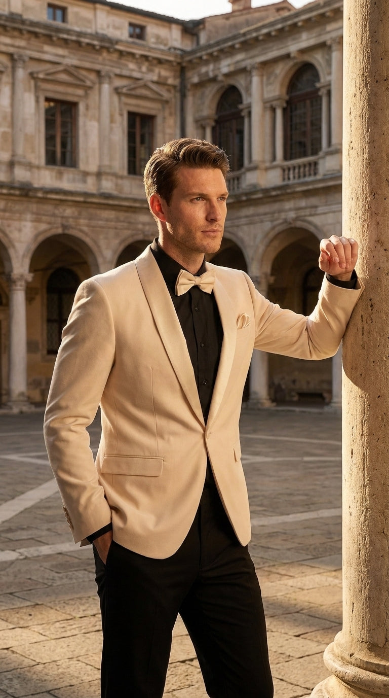 Men’s Champagne Tuxedo Dinner Jacket with Black Pants – Shawl Lapel Wedding, Prom and Formal Blazer