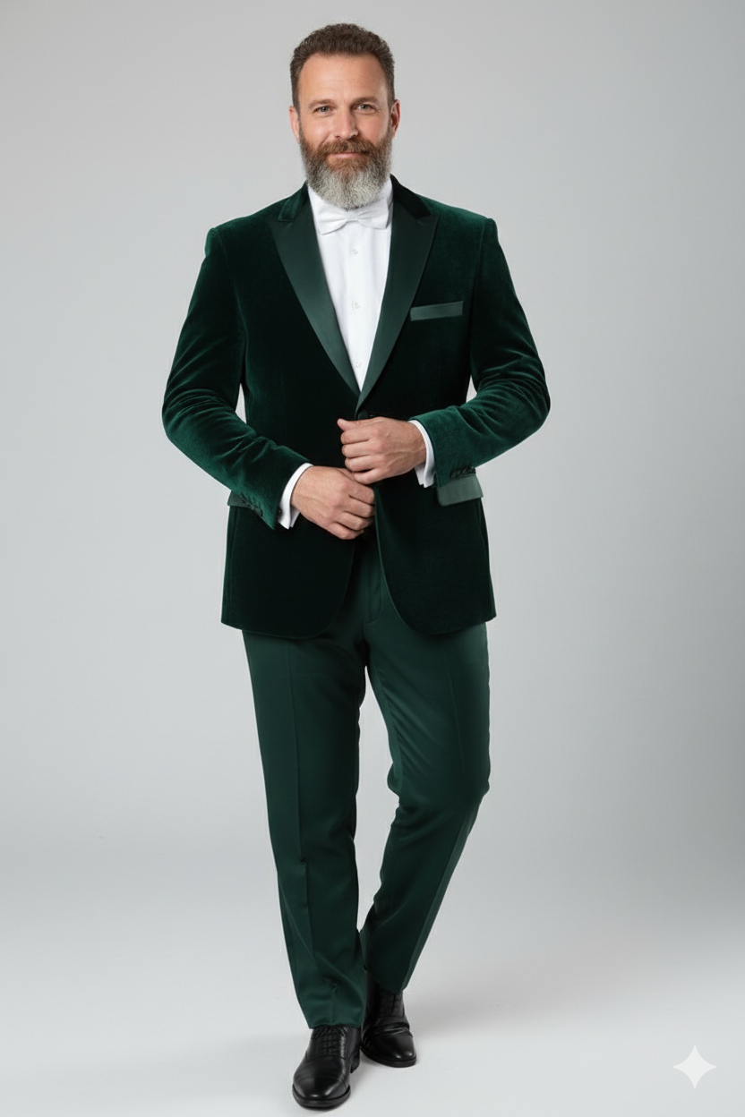 Men’s Dark Green Velvet Tuxedo Dinner Jacket – Slim Fit Formal Blazer with Satin Peak Lapel Lape