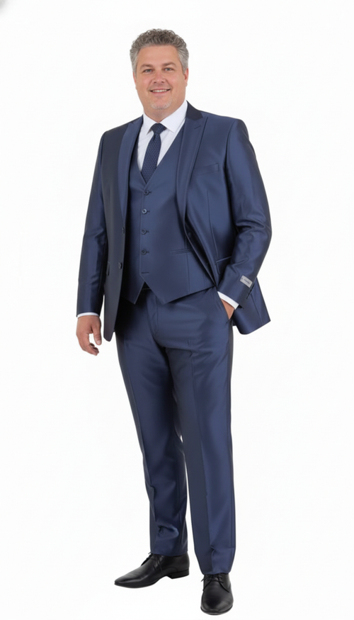 Alberto Nardoni men's 3-piece navy suit: fitted jacket (single-breasted), vest (five-button), and tailored trousers. Shiny finish, uniform dark blue color, smooth fabric.