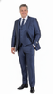 Alberto Nardoni men's 3-piece navy suit: fitted jacket (single-breasted), vest (five-button), and tailored trousers. Shiny finish, uniform dark blue color, smooth fabric.