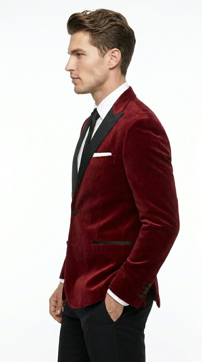 Velvet Velour Formal Sport Coat Two Tone Trimming Notch Collar Black and  Burgundy ~ Maroon Suit ~ Wine Color Men's blazer Burgundy Tuxedo
