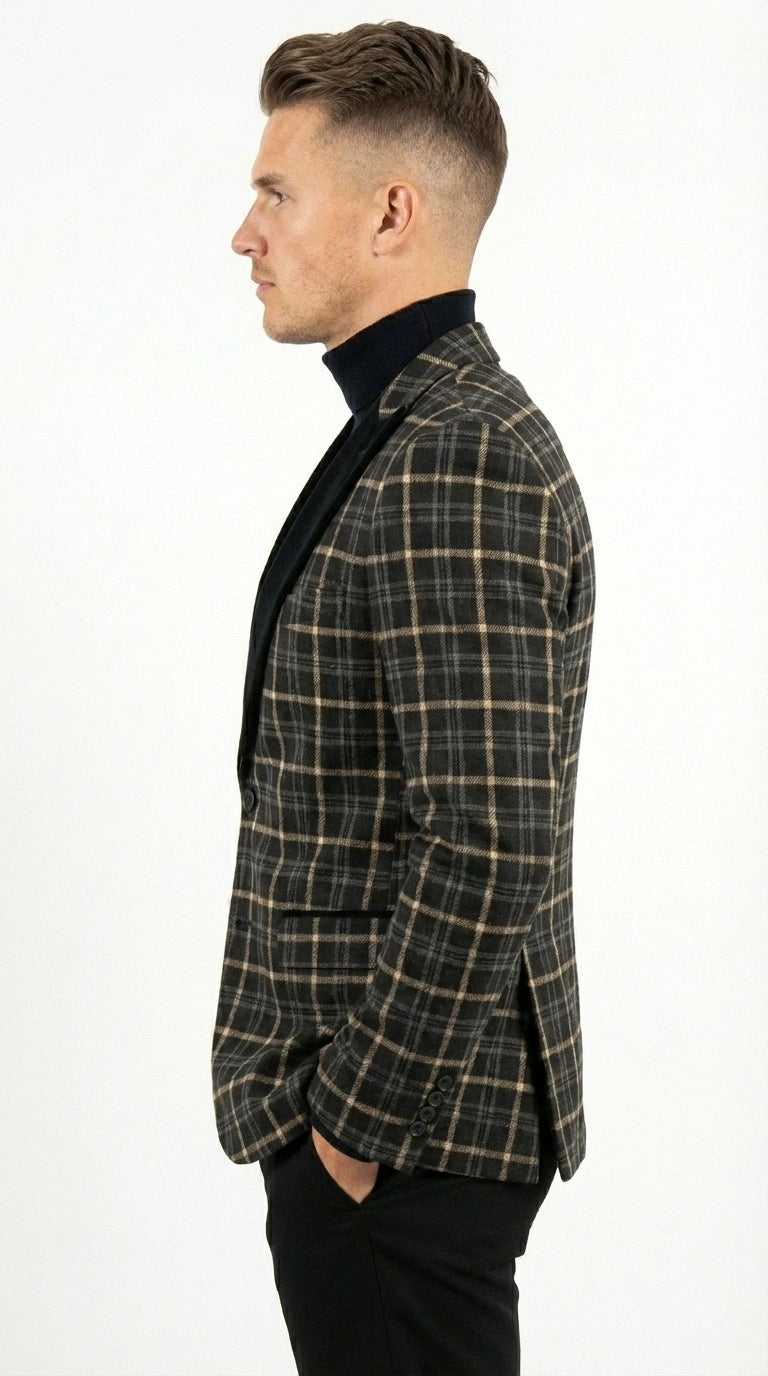 Mens Tartan Black and Gold Check Blazer – Windowpane Plaid Sport Coat Velvet Lapel Formal Party Jacket Chirsitmas New Year Holiday Jacket