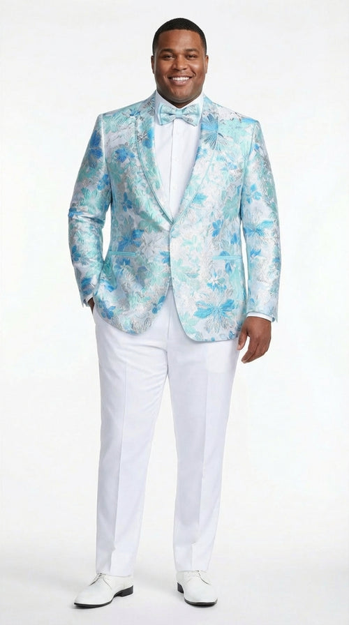 Men’s Light Blue Floral Jacquard Tuxedo Jacket with Matching Bow Tie | Formal Prom Wedding Blazer + Bowtie Turqoise Aqua Color