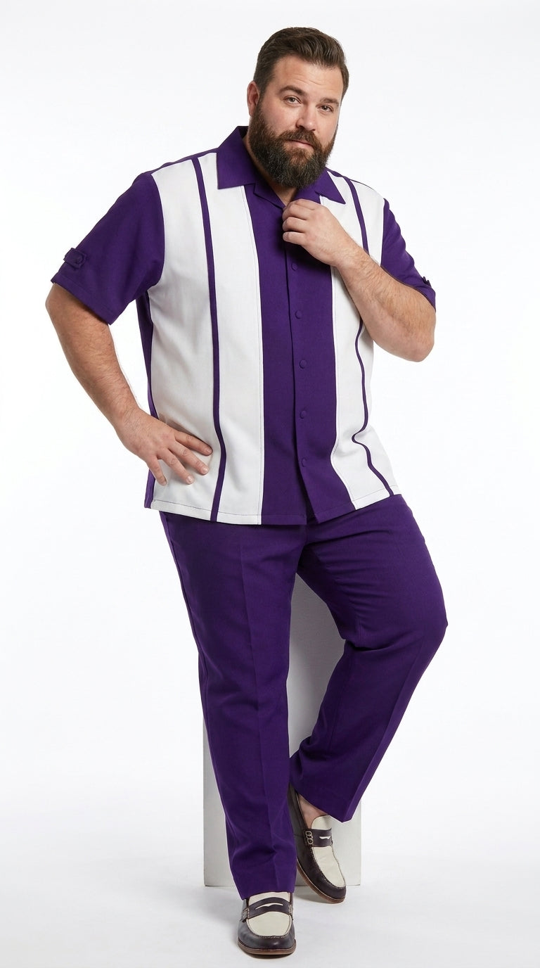 Men's Purple and White Walking Suit – 2-Piece Short Sleeve Casual