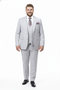 Light gray men's three-piece wedding suit. Includes a two-button blazer, matching vest, and flat-front trousers. Smooth fabric with a subtle pattern, designed for a comfortable fit.
