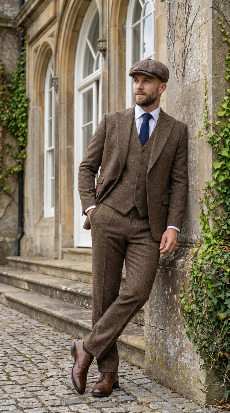 Peaky Blinder Men’s Brown Tweed 3-Piece Suit – Vintage Wedding, Business and Formal Suit with Matching Vest and Pants