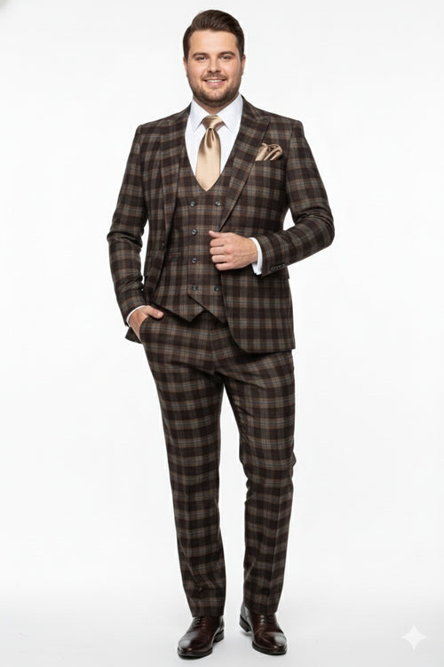 Men’s Brown Plaid Windowpane Three-Piece Suit Set – Classic Slim Fit Jacket, Double-Breasted Vest and Modern Fit Pants  By Rossiman