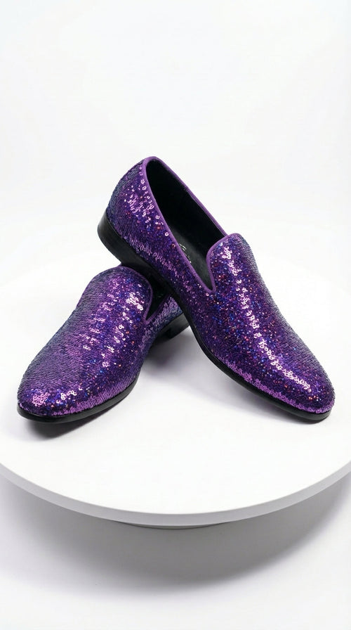 Mens Purple Sequin Dress Shoes Slip on  – Luxury Slip On Formal Loafers Wedding Prom Party Designer Footwear