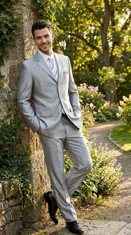Men’s Silver Grey Sharkskin Suit – 3 Button Classic Fit Shiny Formal Suit for Wedding, Business and Party Wear