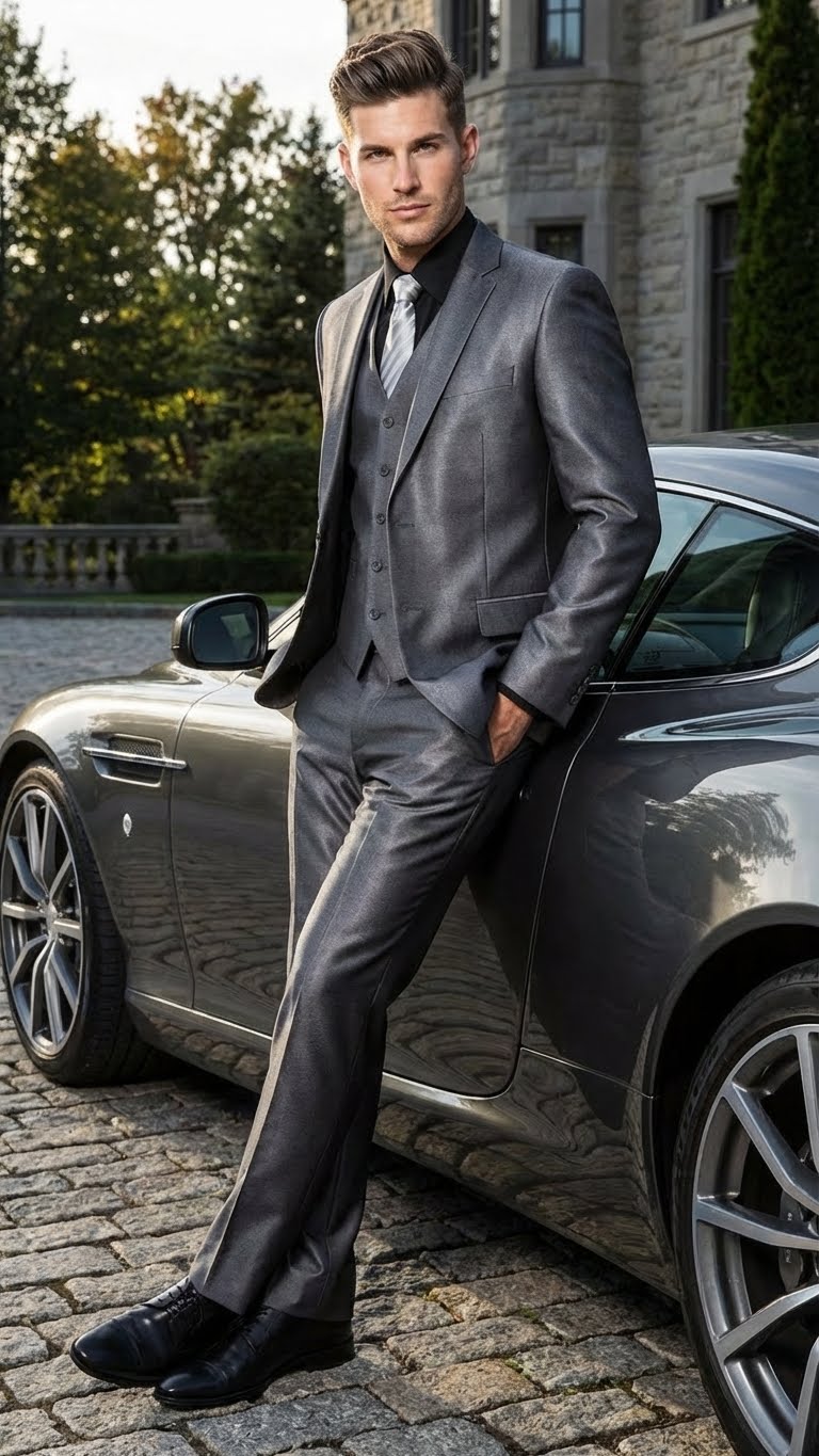 Men's charcoal gray suit with sheen. Fitted jacket (notch lapel, 2 pockets) and straight-cut trousers. Light-reflecting fabric. Elegant and formal.