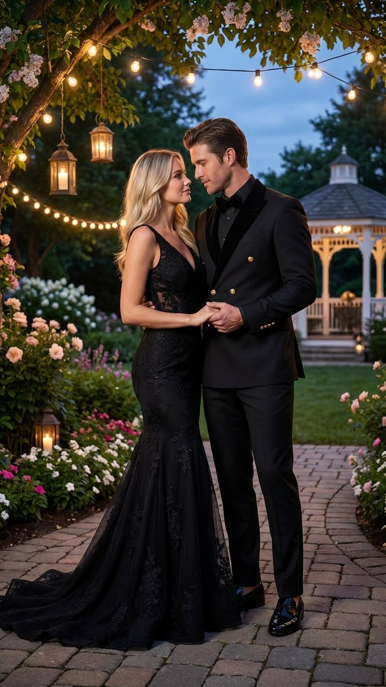 Alberto Nardoni's black double-breasted tuxedo. Structured fit, peak lapel, and gold-tone buttons. Tailored silhouette with straight legs, sharp appearance. Includes bow tie and polished black shoes.
