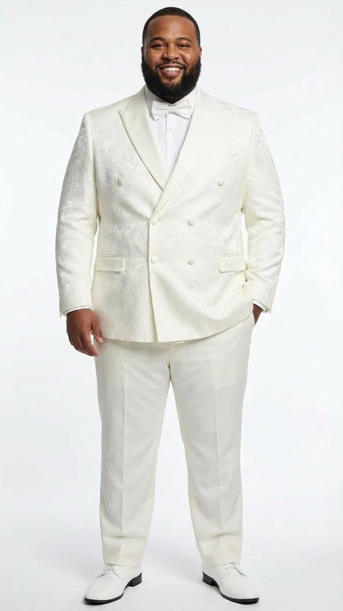 Ivory double-breasted tuxedo jacket with textured fabric and broad lapels, plus matching trousers. Features dual front buttons and a subtle pattern.

