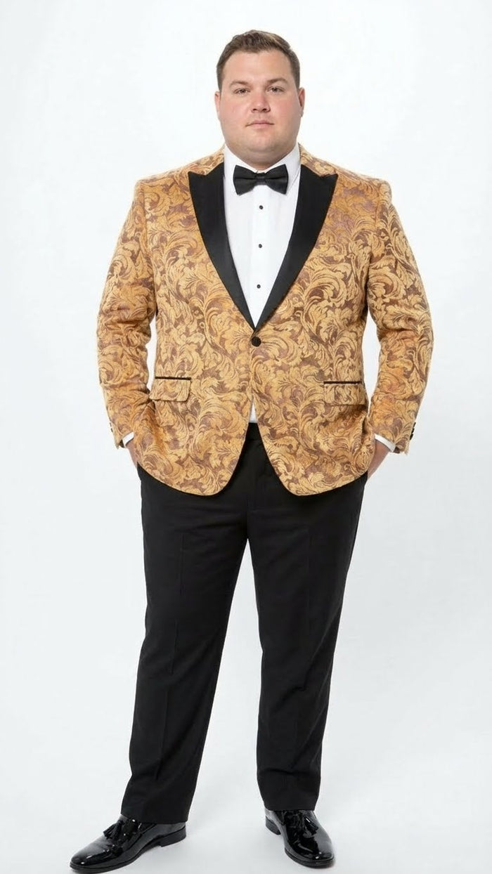 Men's yellow gold tuxedo blazer with baroque pattern. Structured jacket with swirling gold design, black lapel & trim. Paired with black trousers & shoes.
