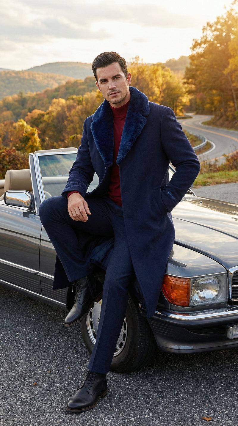 Mens Dark Navy Blue Long Overcoat with Faux Fur Collar, Classic Winter Dress Coat for Formal