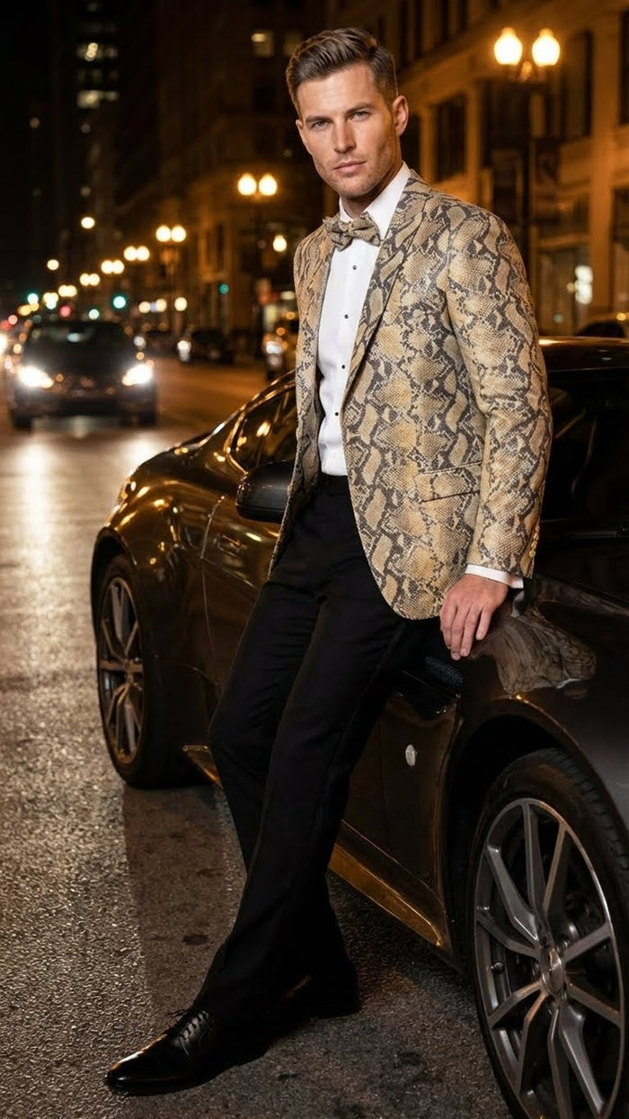 Alberto Nardoni men's blazer in beige/black snakeskin print. Fitted silhouette, long sleeves, single-button, peaked lapels. Smooth fabric. Worn over a white shirt. Distinct textured design.
