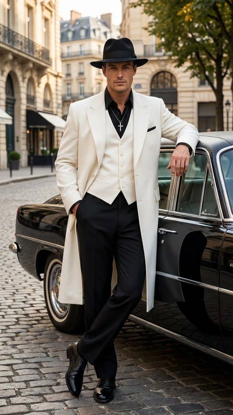 Mens White Long Zoot Suit Costume Set with Black Pants - Wedding, Prom and Party Outfit 1920s - 1930s Gangster Style