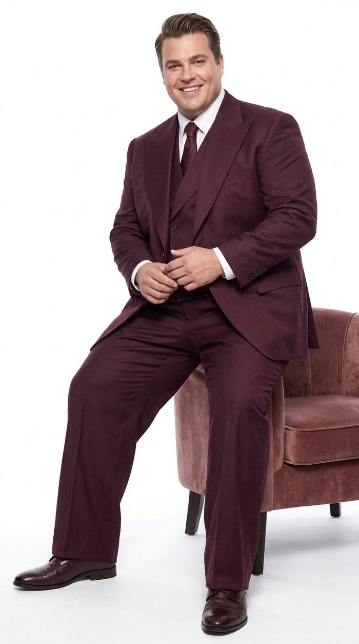 Tiglio Rosso Men’s Burgundy Wool Suit – Classic Fit Big Lapel Suit with Wide Leg Pleated Pants & Side Vents