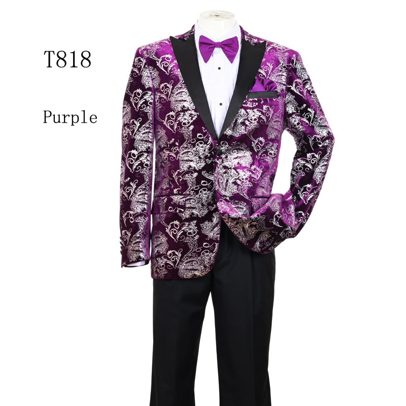 Men's Purple and White Twotoned  Paisley Tuxedo Jacket with Black Satin Lapel – Formal Prom and Wedding Blazer