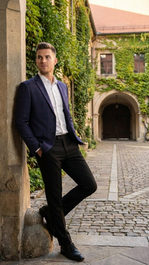 Men's big & tall navy jacket. Burgundy plaid pattern. Two front pockets, single-button closure. Structured, tailored fabric.
