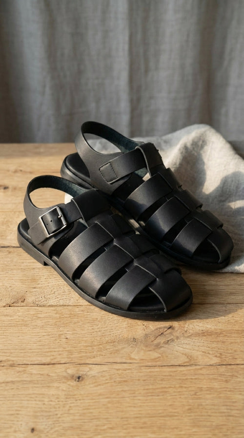 Mens Black Leather Sandals – Buckle Strap Casual Summer Shoes Breathable Open Toe Comfort Footwear