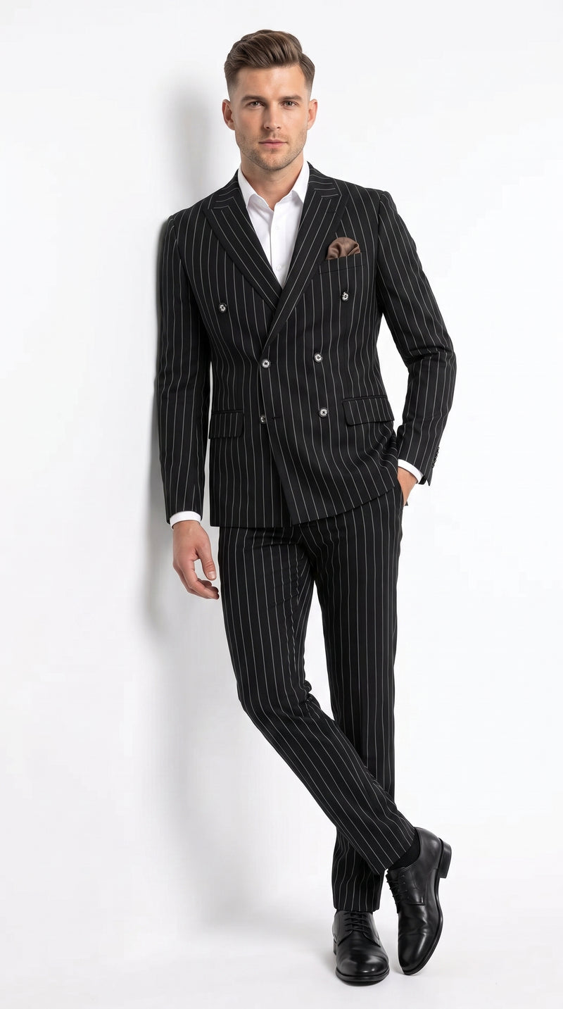 Men's Black Pinstripe Tuxedo Suit – Classic  & 1920s Gangster Formal Wear Vintage 1940s 1930s Look