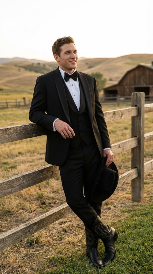 Black Western Tuxedo for Men | Classic Three Piece Formal Wedding Peak Lapel with Trim Collar Cowboy Suit