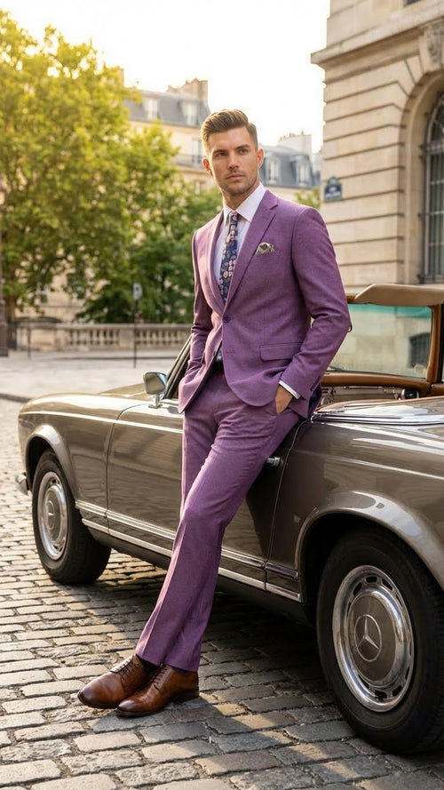 Alberto Nardoni men's light purple suit blazer and jacket. Tailored cut with structured shoulders, single-button closure, and flap pockets. Smooth fabric in a lighter mauve hue, paired with matching trousers.
